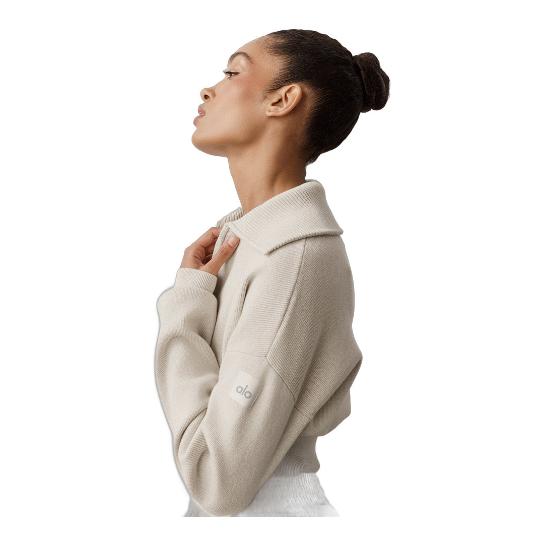 alo Scholar Knit Cropped Full Zip Jacket - Oatmeal Heather