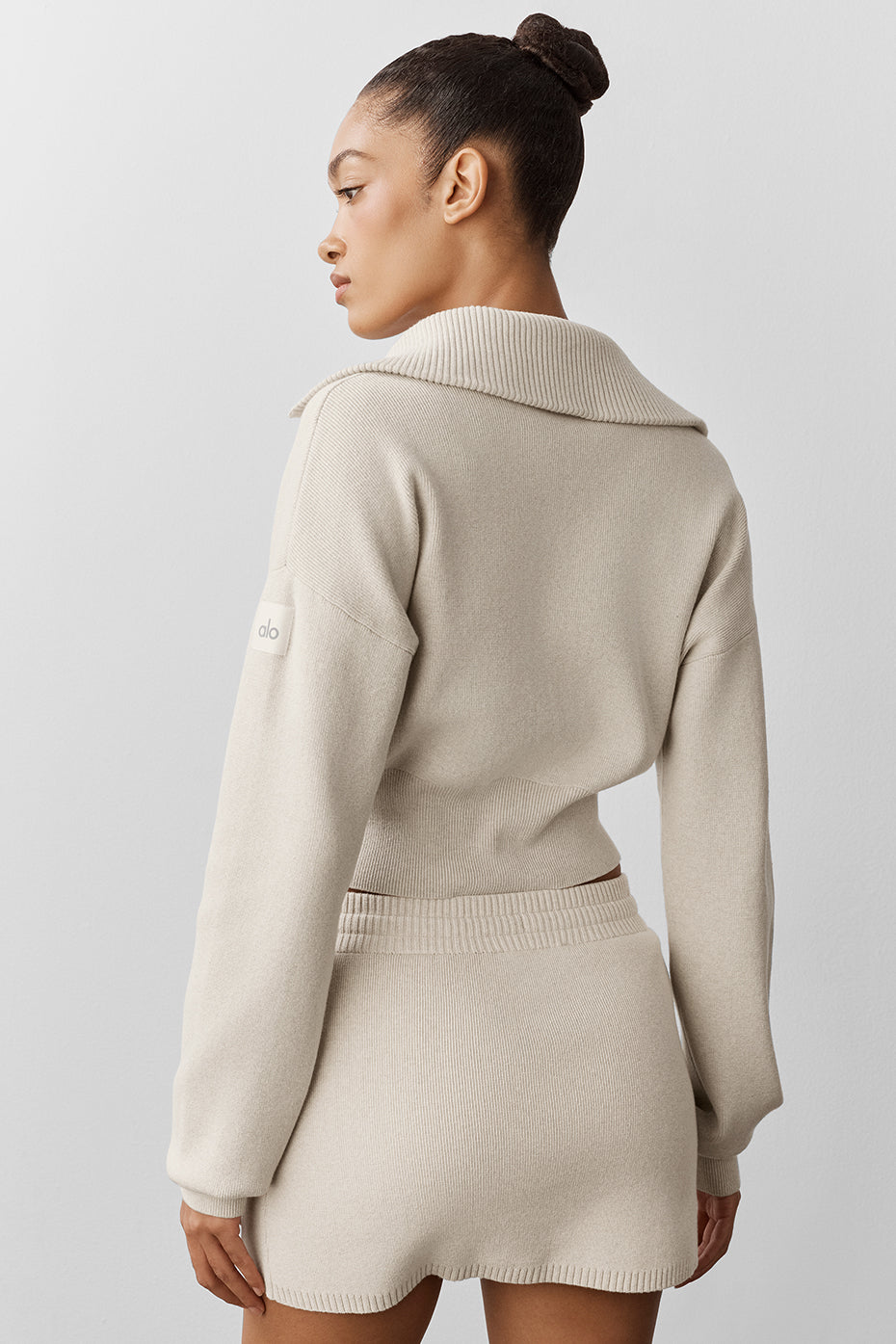 alo Scholar Knit Cropped Full Zip Jacket - Oatmeal Heather