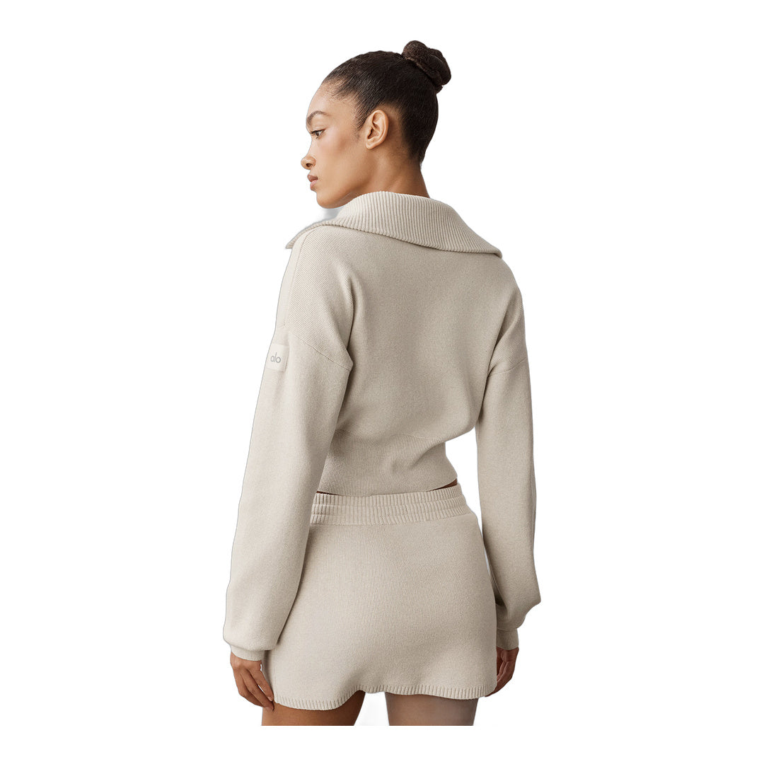 alo Scholar Knit Cropped Full Zip Jacket - Oatmeal Heather