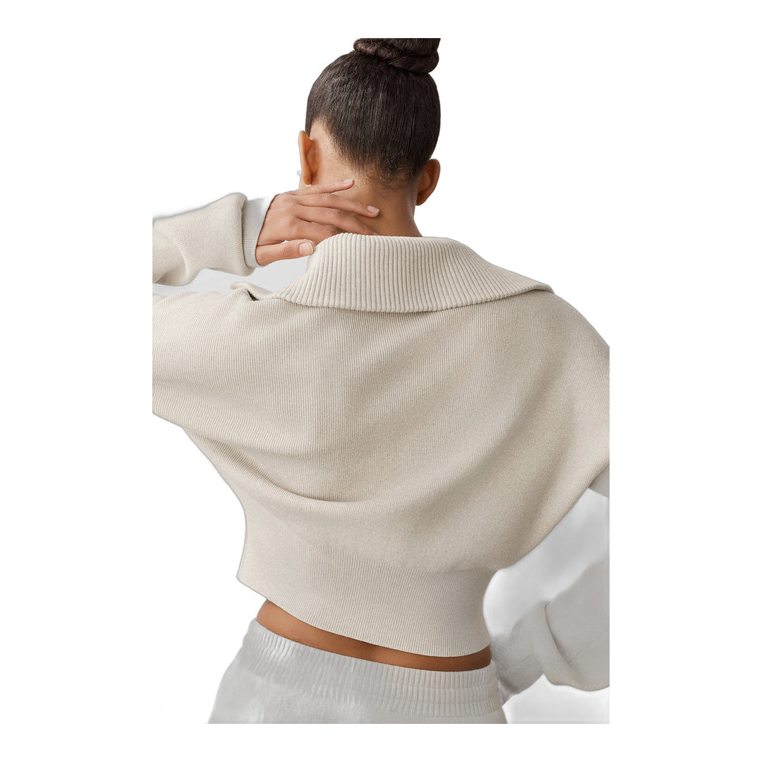 alo Scholar Knit Cropped Full Zip Jacket - Oatmeal Heather