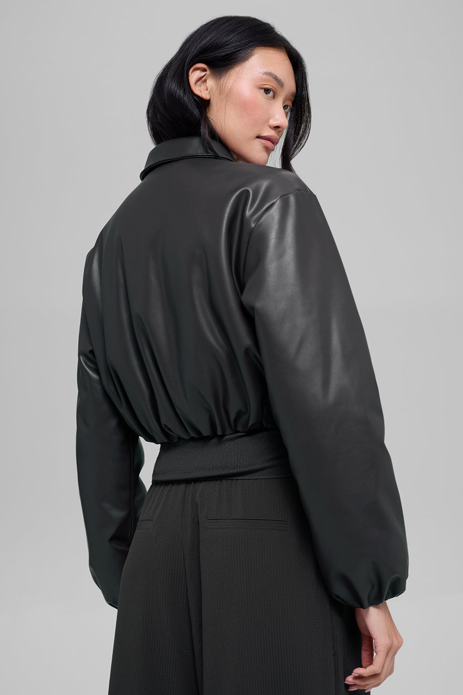 alo Faux Leather Cropped Premier Bomber - Black