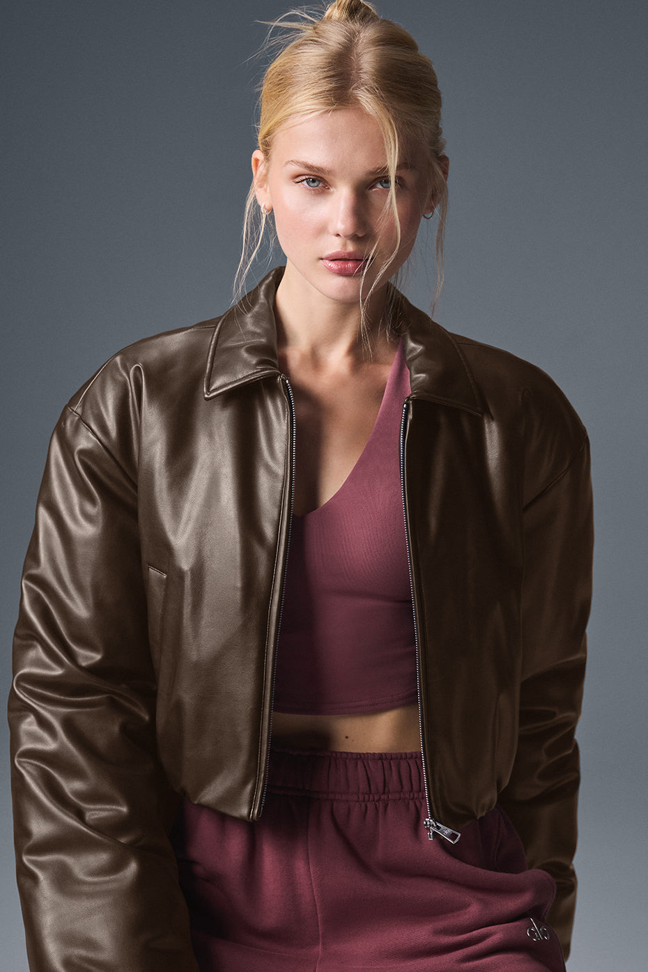 alo Faux Leather Cropped Premier Bomber - Espresso