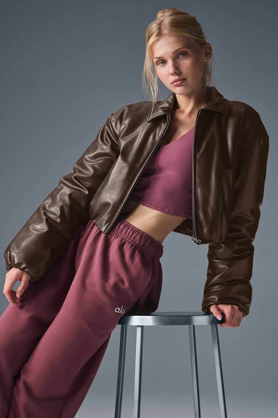 alo Faux Leather Cropped Premier Bomber - Espresso