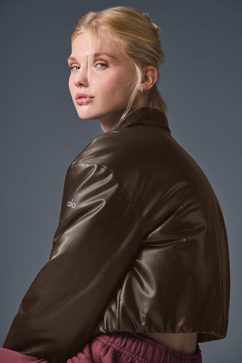 alo Faux Leather Cropped Premier Bomber - Espresso