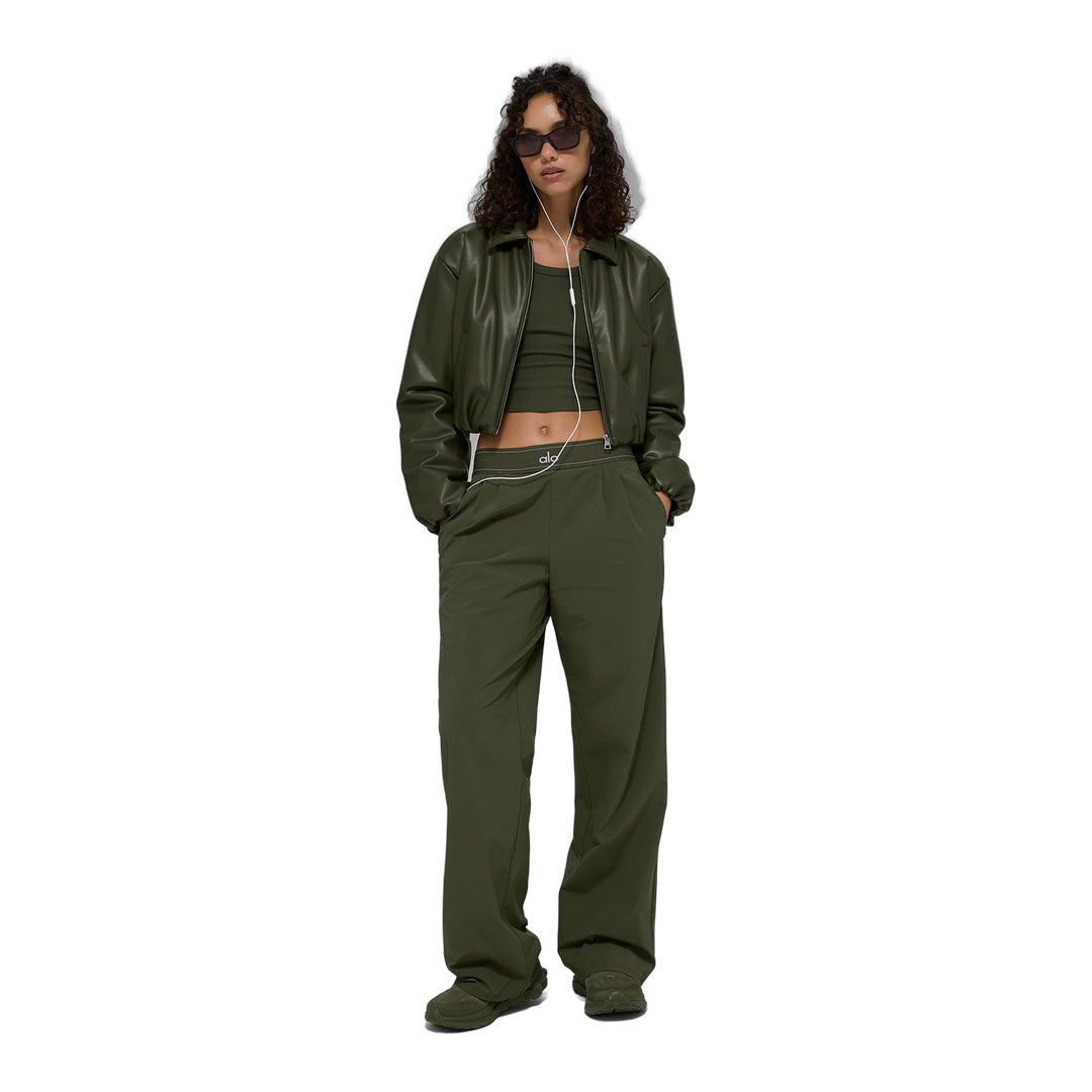 alo Faux Leather Cropped Premier Bomber - Green Olive