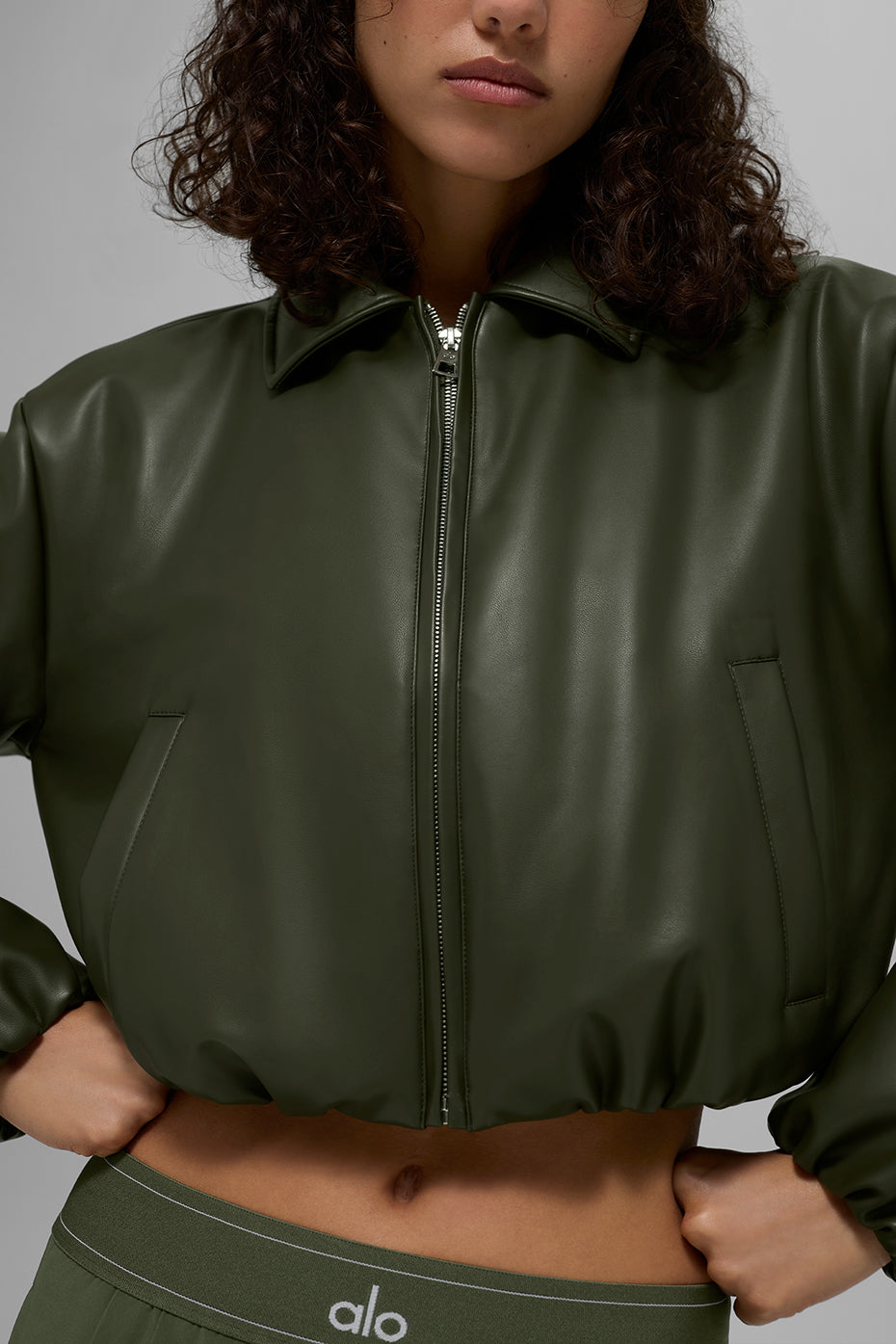 alo Faux Leather Cropped Premier Bomber - Green Olive