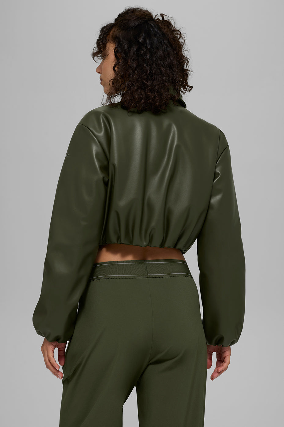 alo Faux Leather Cropped Premier Bomber - Green Olive