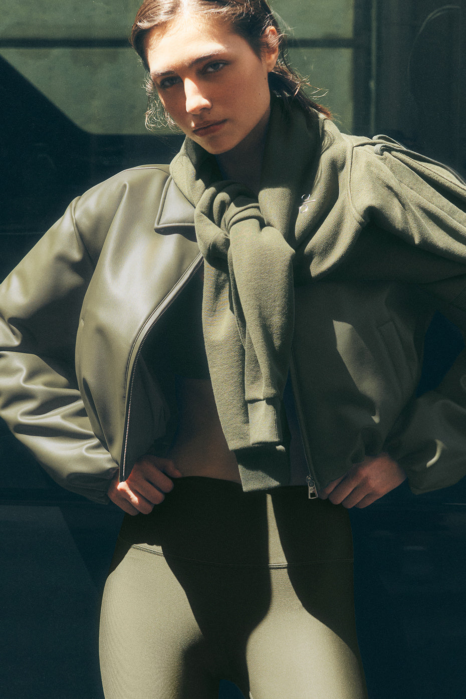 alo Faux Leather Cropped Premier Bomber - Green Olive