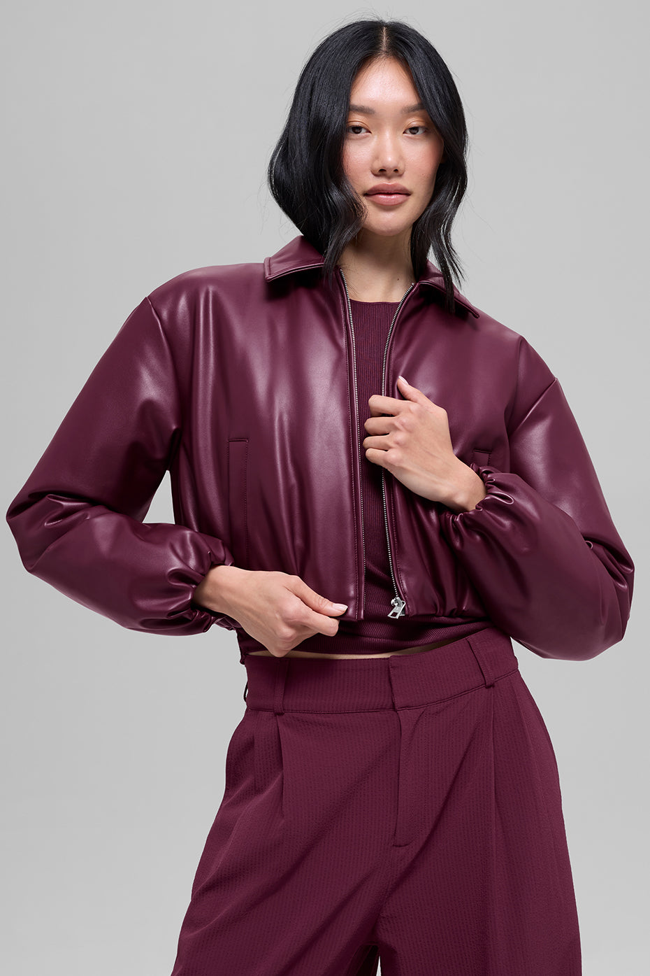 alo Faux Leather Cropped Premier Bomber - Burgundy