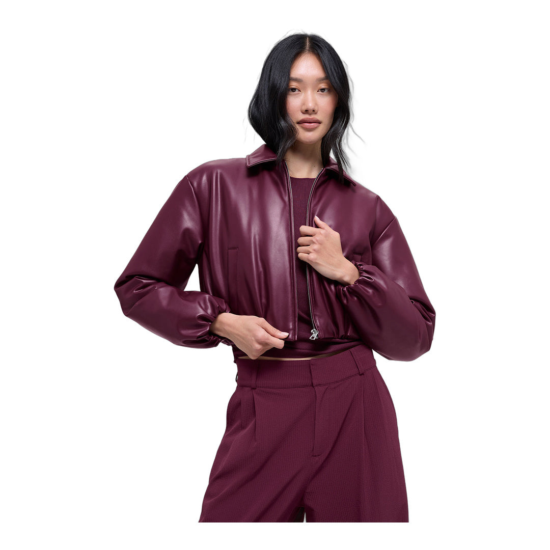 alo Faux Leather Cropped Premier Bomber - Burgundy
