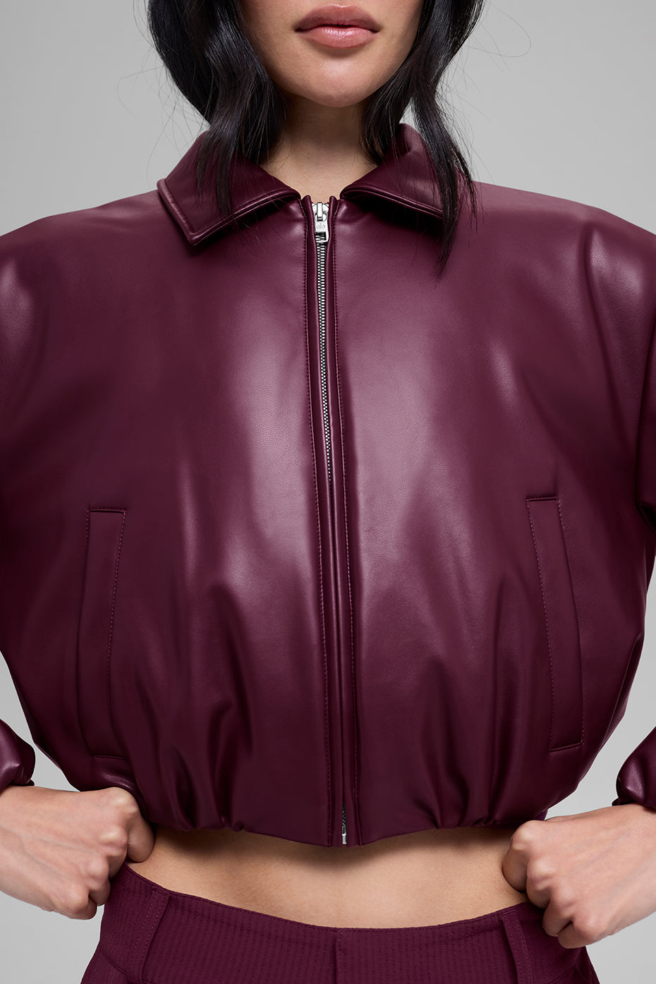 alo Faux Leather Cropped Premier Bomber - Burgundy