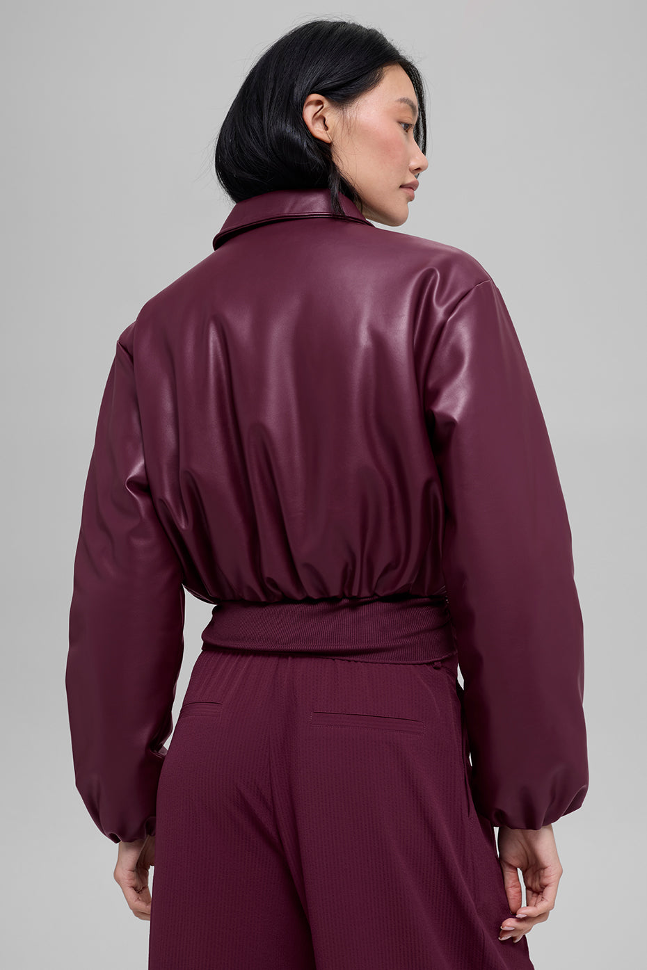 alo Faux Leather Cropped Premier Bomber - Burgundy