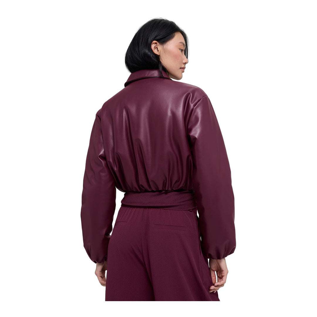 alo Faux Leather Cropped Premier Bomber - Burgundy