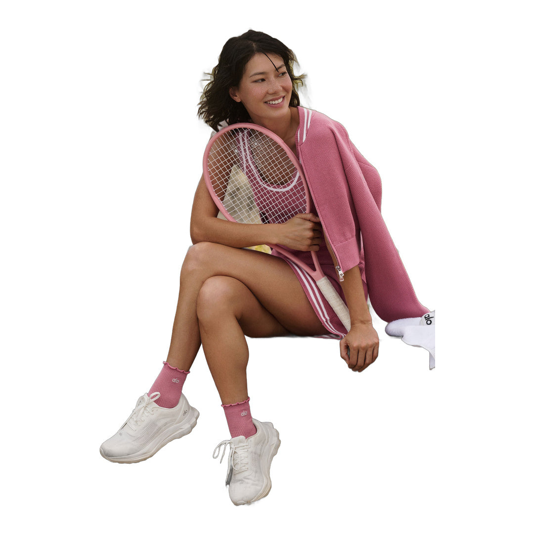 alo Tennis Club Sweater Knit Full Zip Jacket - Pink Wild Rose/White