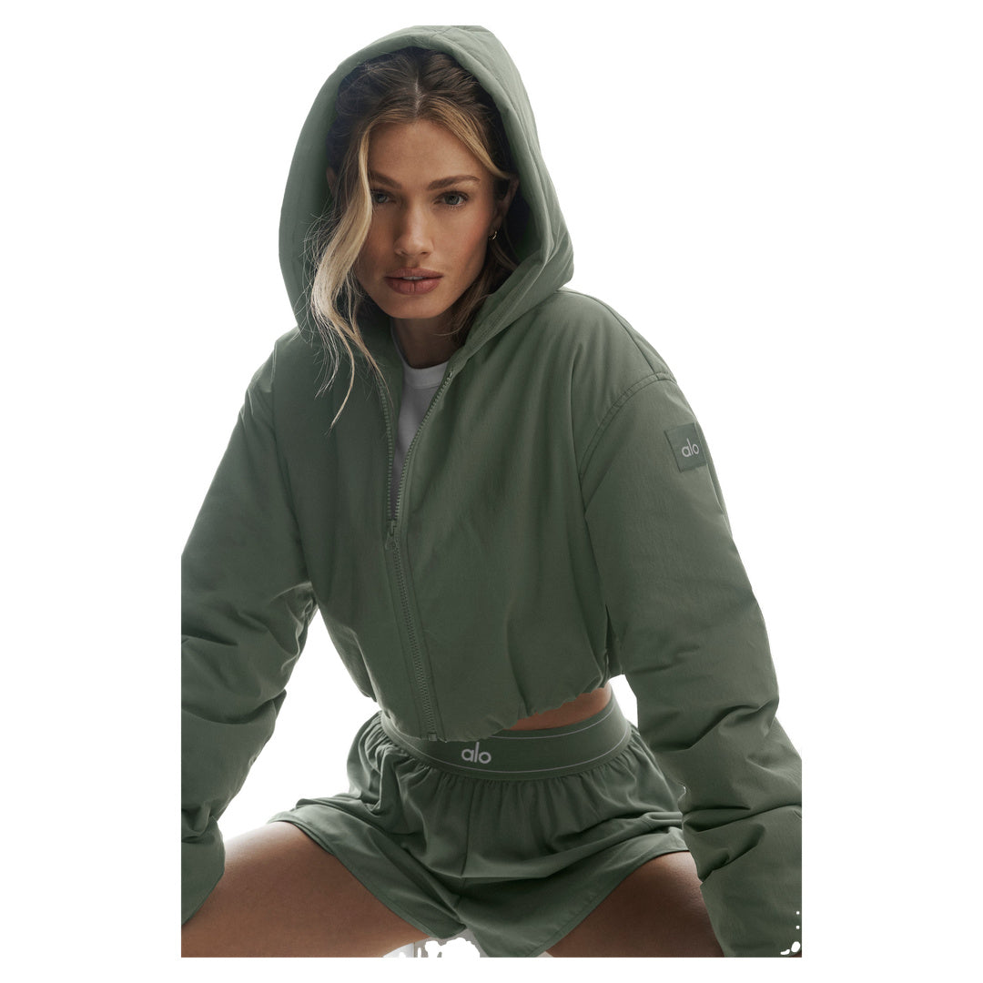 ALO Cropped Mountain Peak Full-Zip Hoodie - Bamboo Green