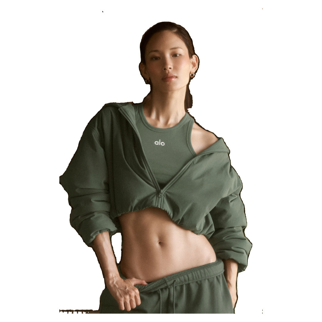 ALO Cropped Mountain Peak Full-Zip Hoodie - Bamboo Green