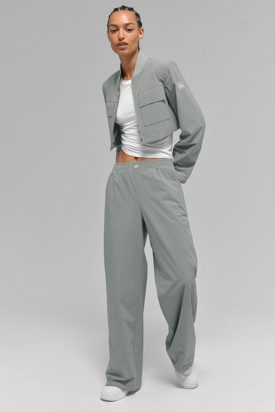 alo Cropped Pinstripe Main Character Full Zip Jacket - Lunar Grey/White