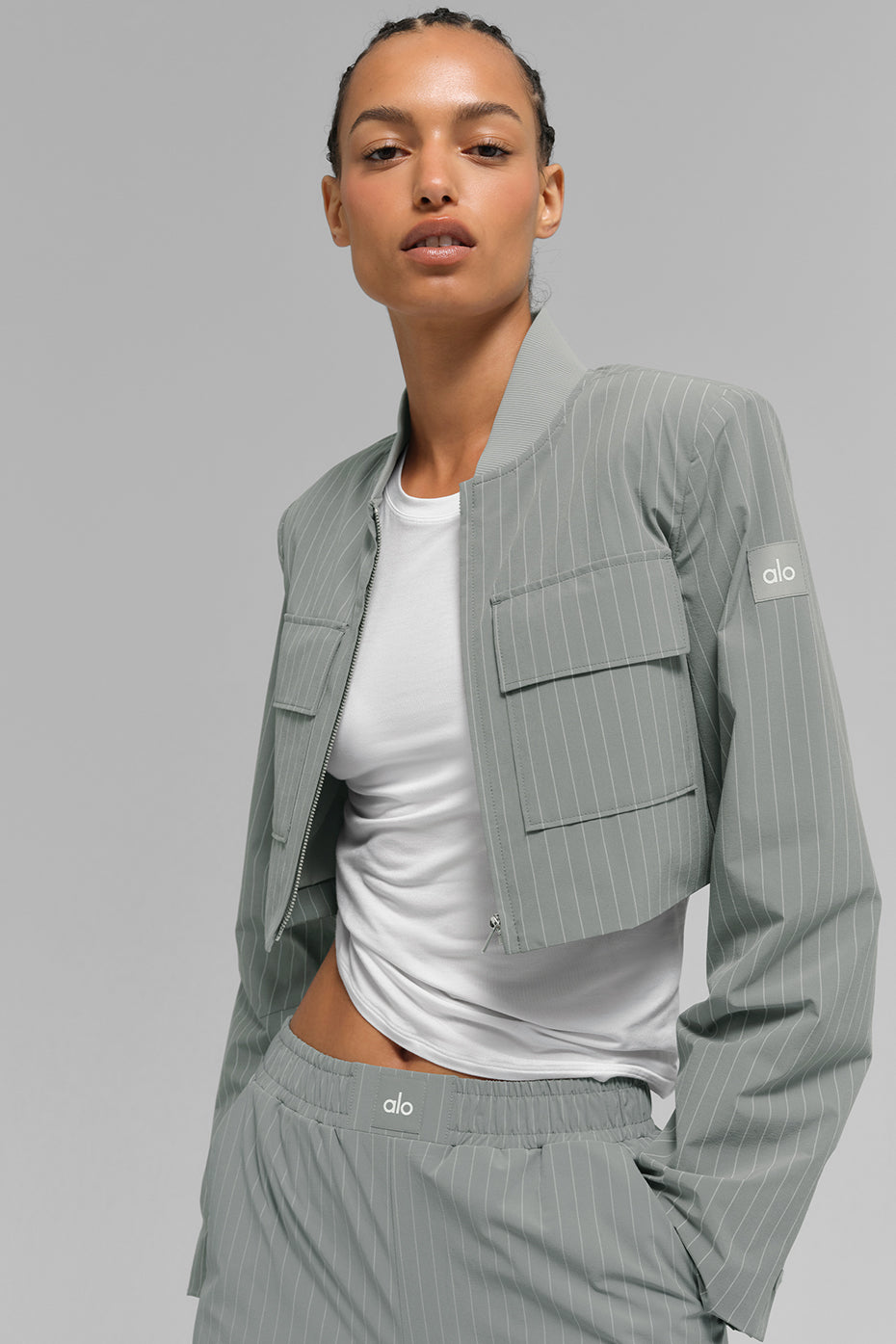 alo Cropped Pinstripe Main Character Full Zip Jacket - Lunar Grey/White