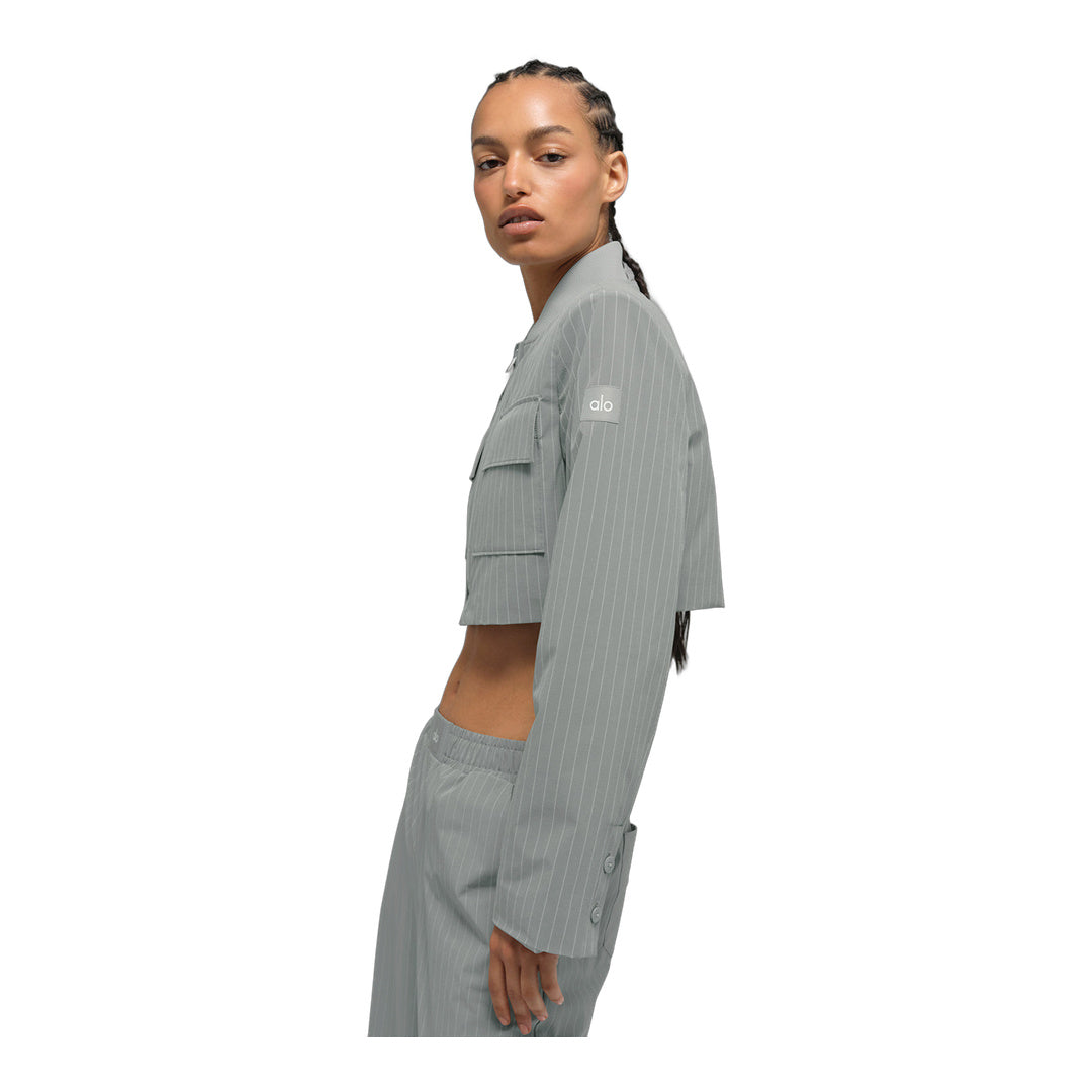 alo Cropped Pinstripe Main Character Full Zip Jacket - Lunar Grey/White