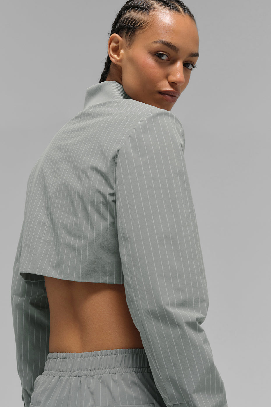 alo Cropped Pinstripe Main Character Full Zip Jacket - Lunar Grey/White