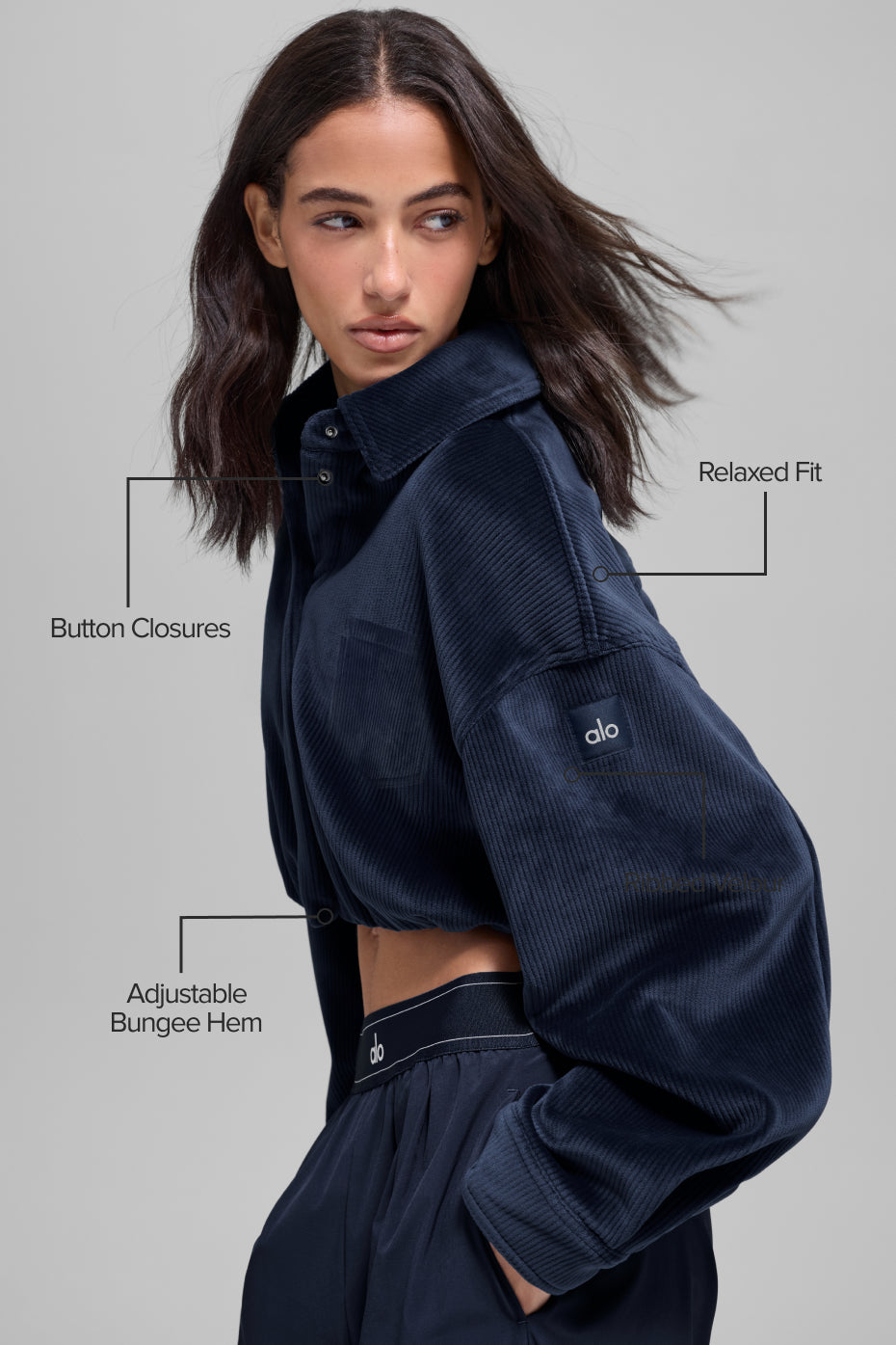 alo Ribbed Velour Cropped Mountain Side Jacket - Navy
