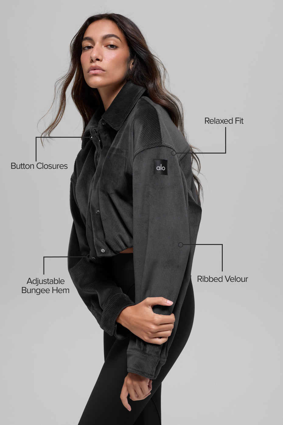 alo Ribbed Velour Cropped Mountain Side Jacket - Black