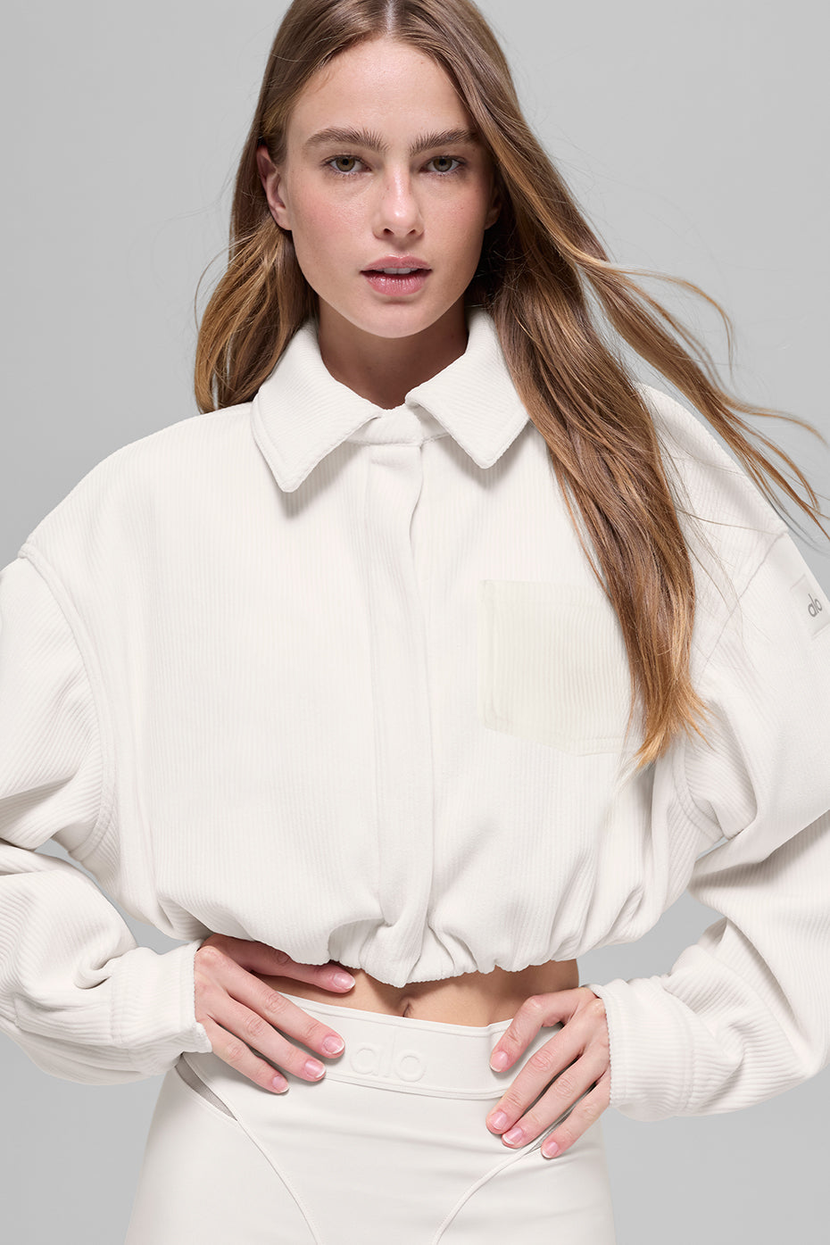 alo Ribbed Velour Cropped Mountain Side Jacket - Ivory