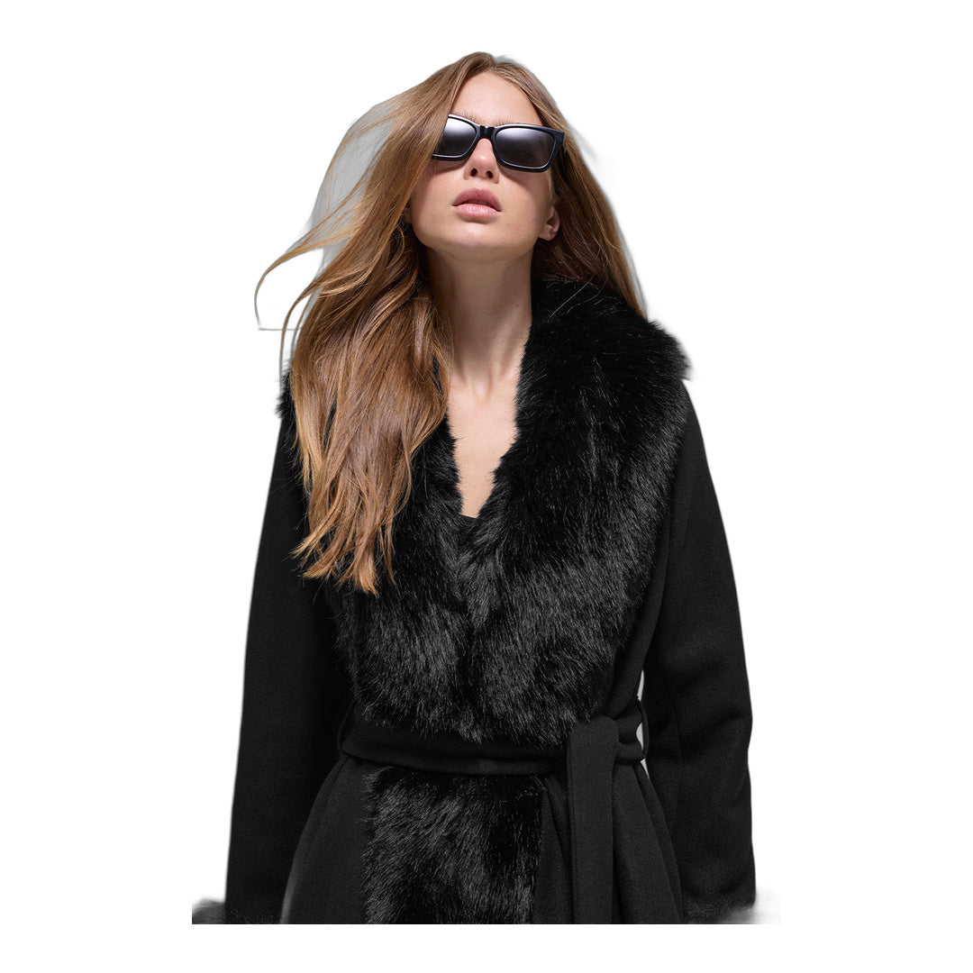 alo Faux Fur Trimmed Longline Coat - Black