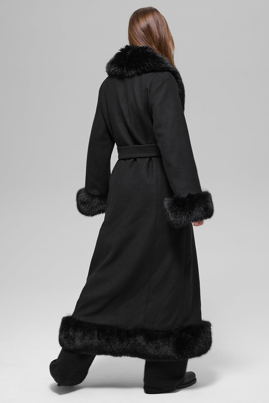 alo Faux Fur Trimmed Longline Coat - Black