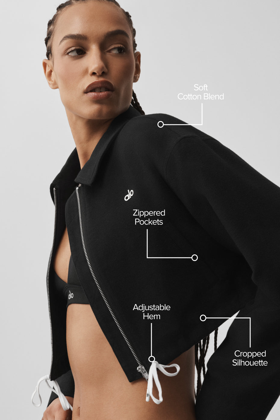 alo Cropped Fan Favorite Full Zip Jacket - Black