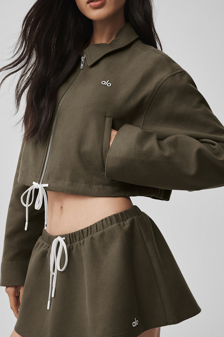alo Cropped Fan Favorite Full Zip Jacket - Olive Tree