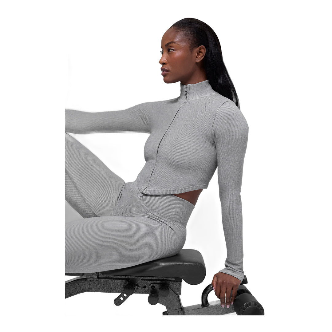 alo Seamless Two Tone Rib Jacket - Light Misty Grey Heather