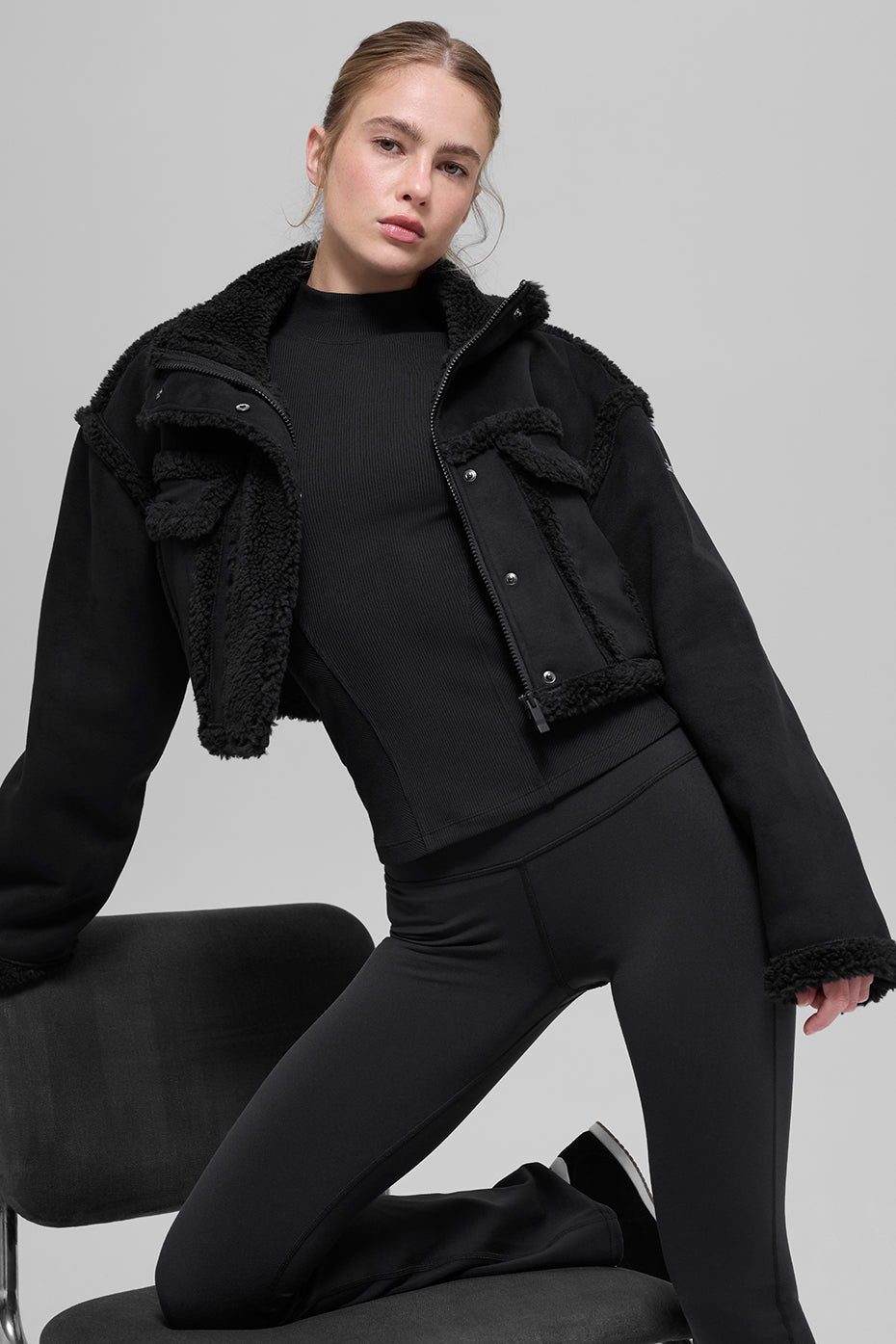 alo Faux Shearling Snowfall Cropped Jacket - Black