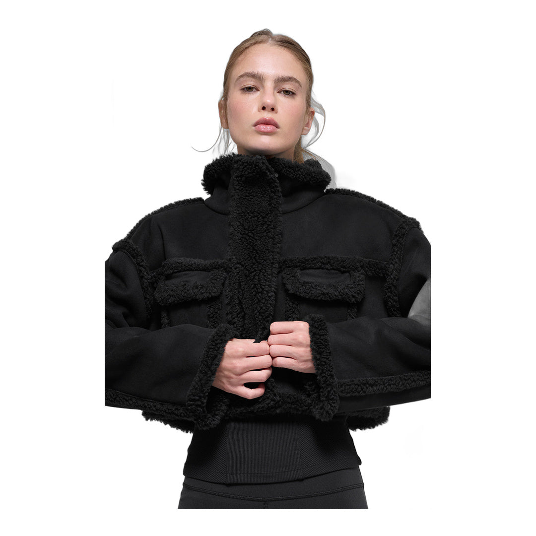 alo Faux Shearling Snowfall Cropped Jacket - Black