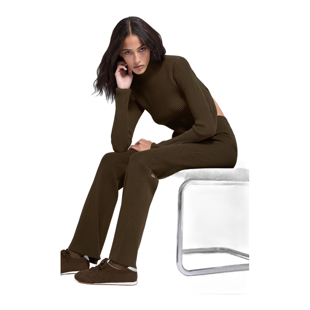 alo Denim Knit High-Waist Flare Pant - Espresso/Black