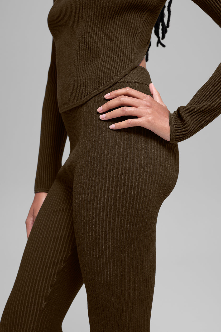 alo Denim Knit High-Waist Flare Pant - Espresso/Black