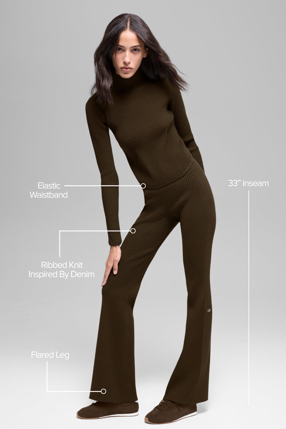 alo Denim Knit High-Waist Flare Pant - Espresso/Black