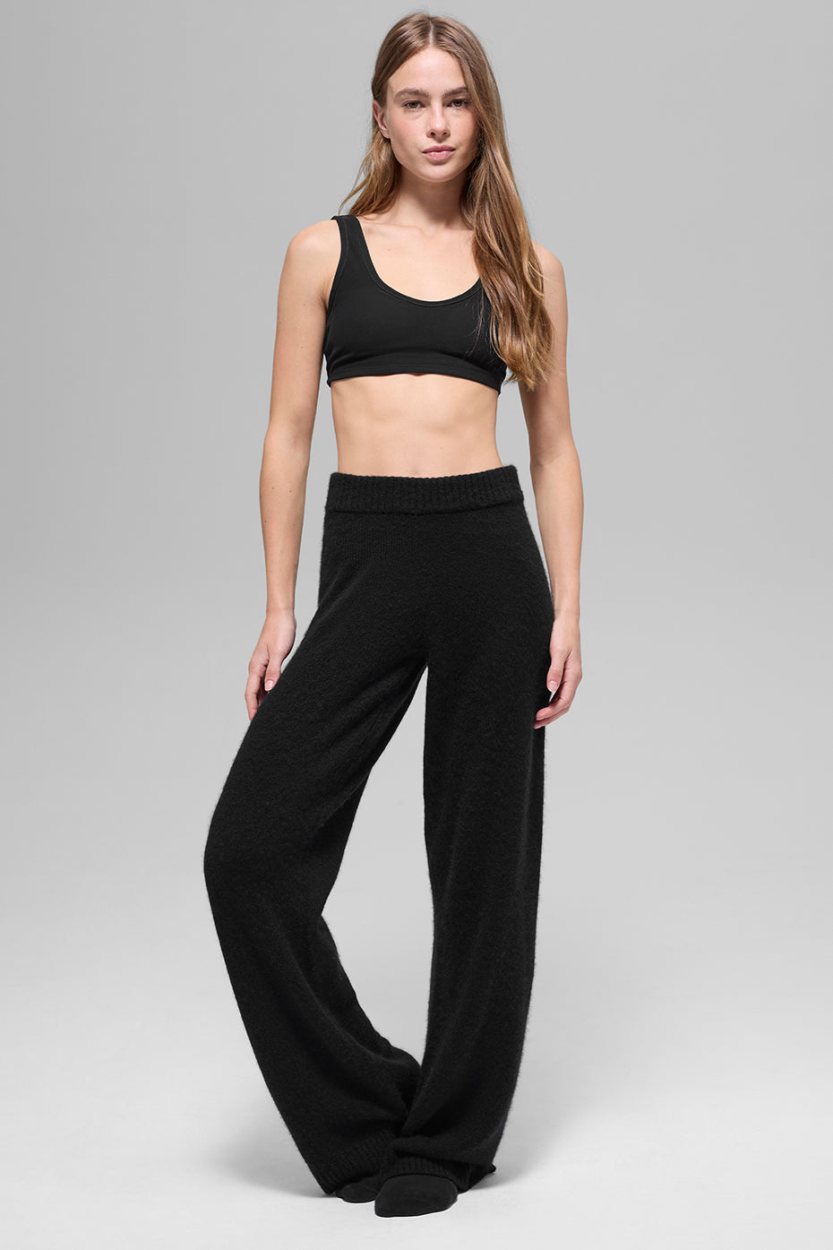 alo Wool Cashmere High-Waist New Class Wide Leg Pant - Black