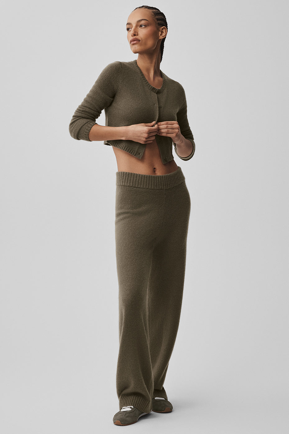 alo Wool Cashmere High-Waist New Class Wide Leg Pant - Olive Tree