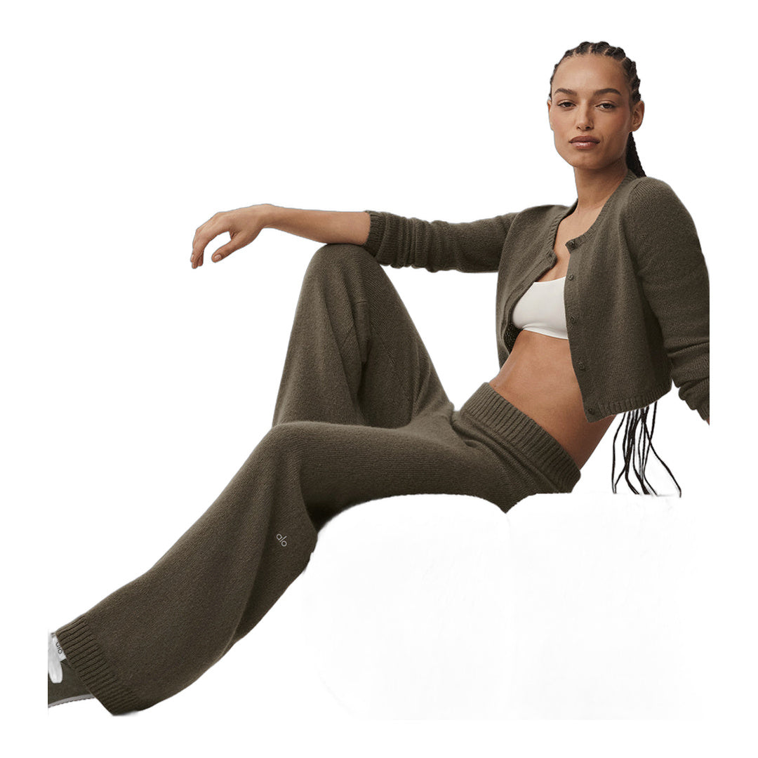 alo Wool Cashmere High-Waist New Class Wide Leg Pant - Olive Tree