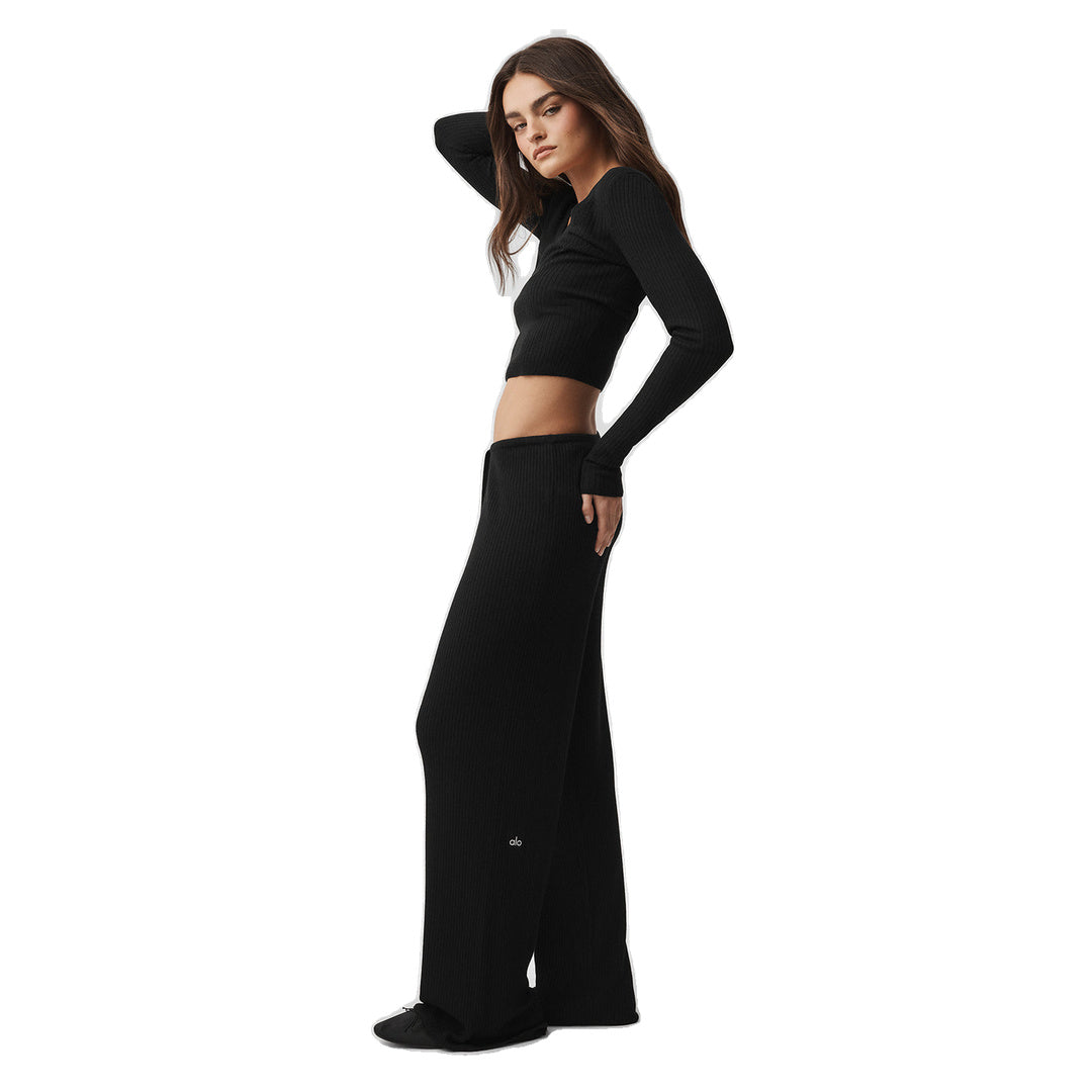 ALO Sweater Knit Mid-Rise Unwind Wide Leg Pant - Black