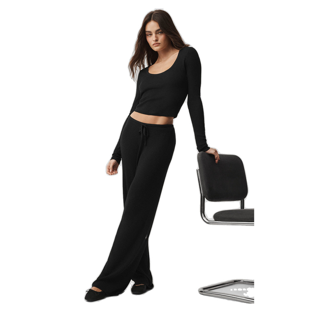ALO Sweater Knit Mid-Rise Unwind Wide Leg Pant - Black