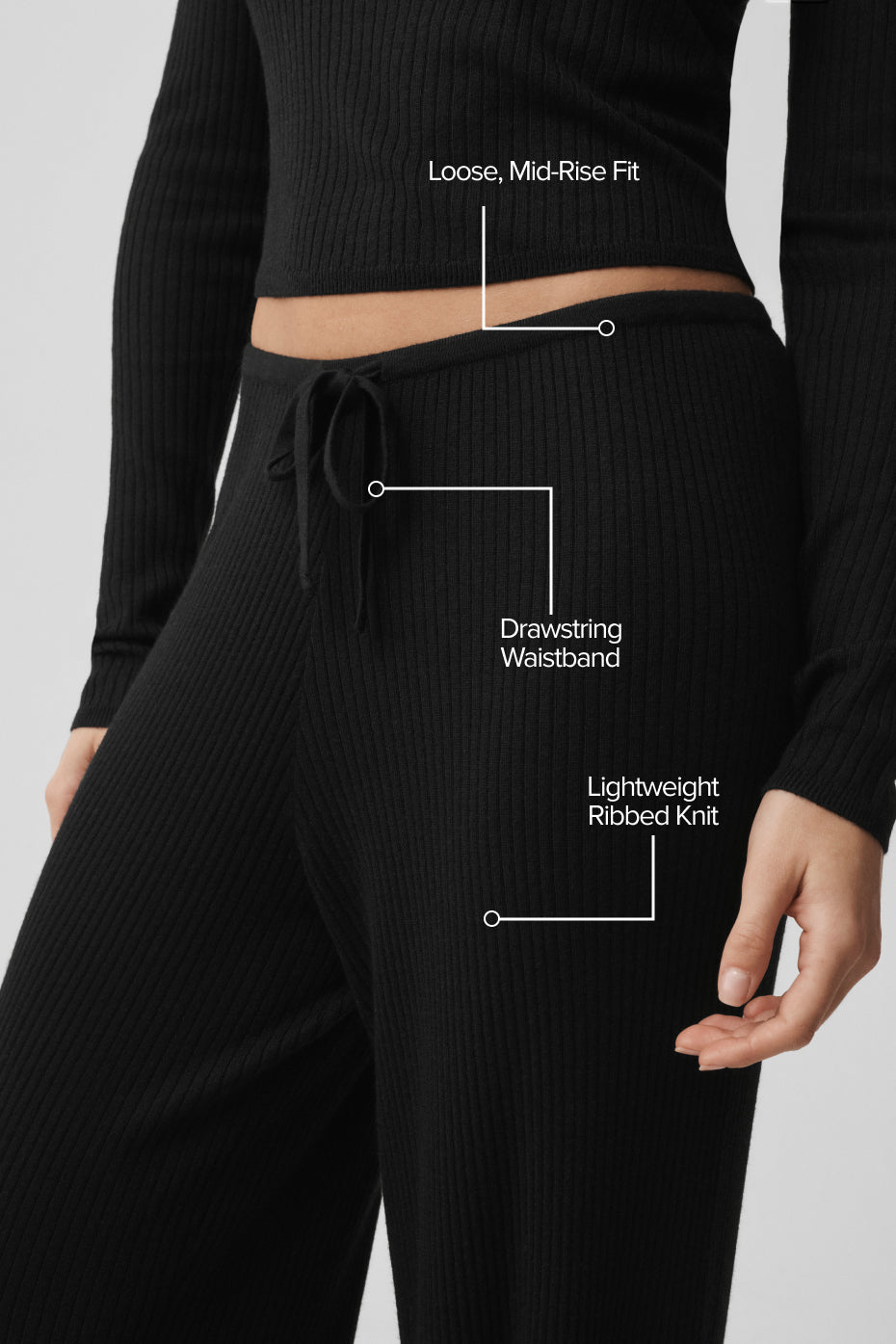 alo Sweater Knit Mid-Rise Unwind Wide Leg Pant - Black