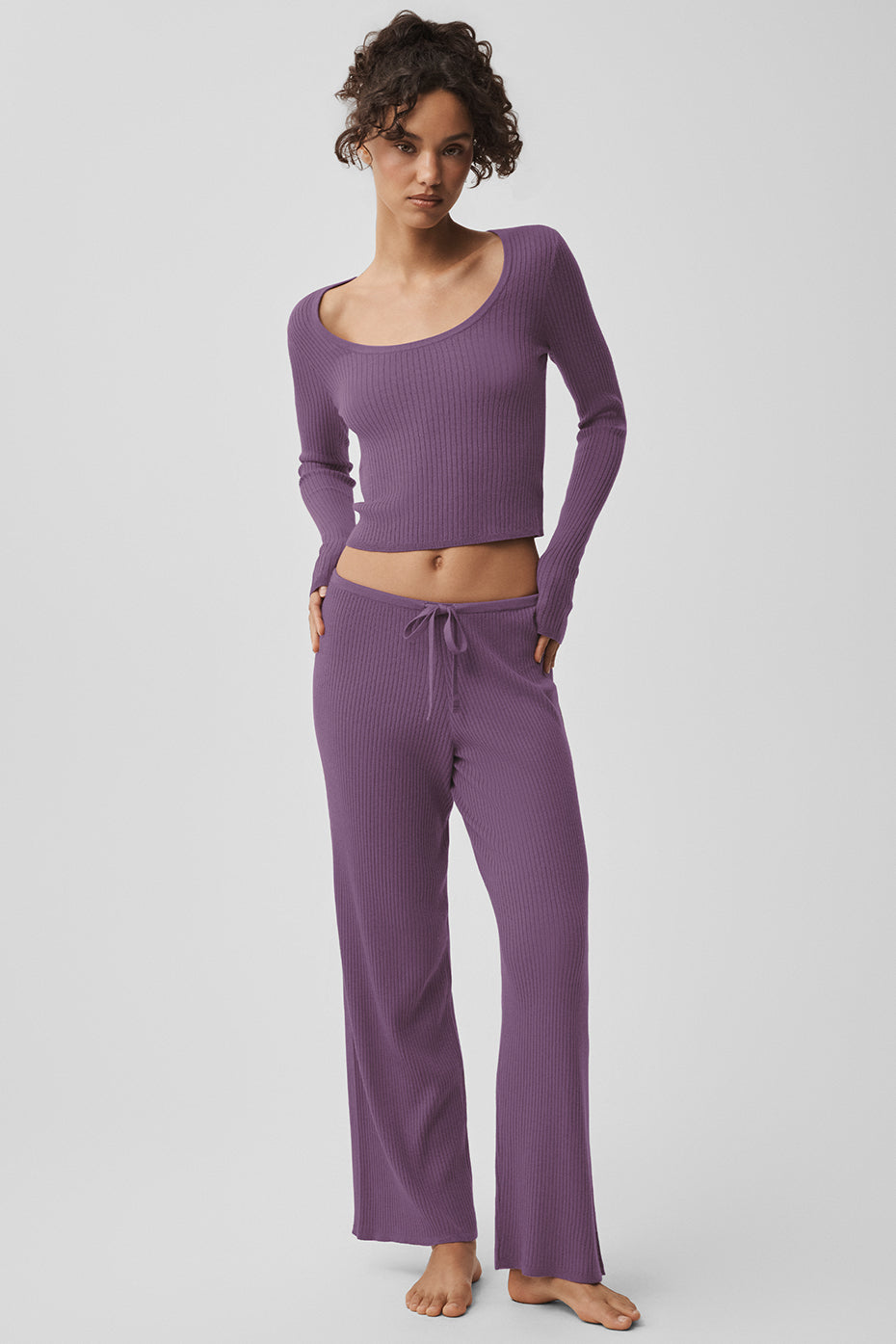 alo Sweater Knit Mid-Rise Unwind Wide Leg Pant - Plum Kiss