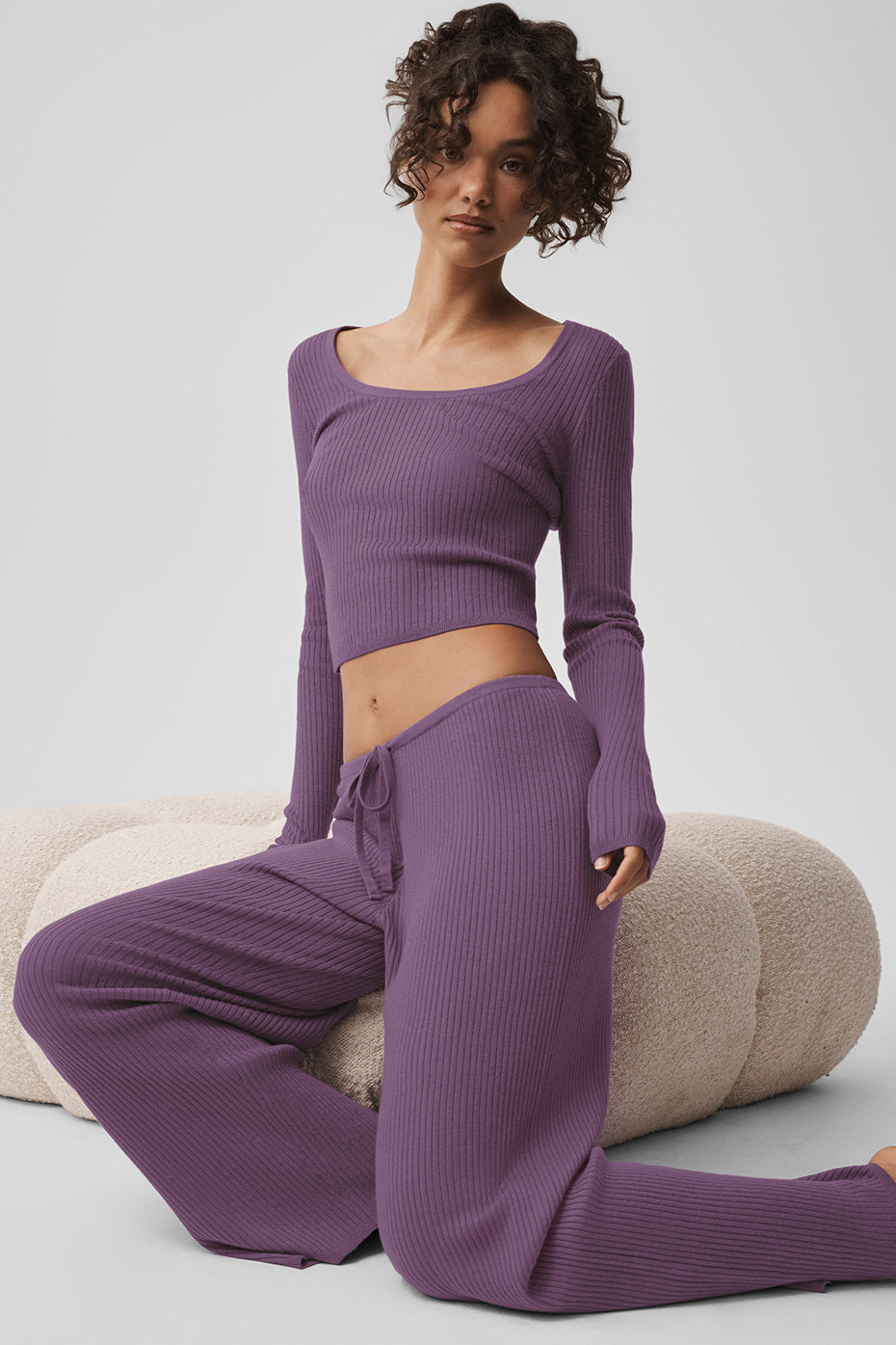 alo Sweater Knit Mid-Rise Unwind Wide Leg Pant - Plum Kiss