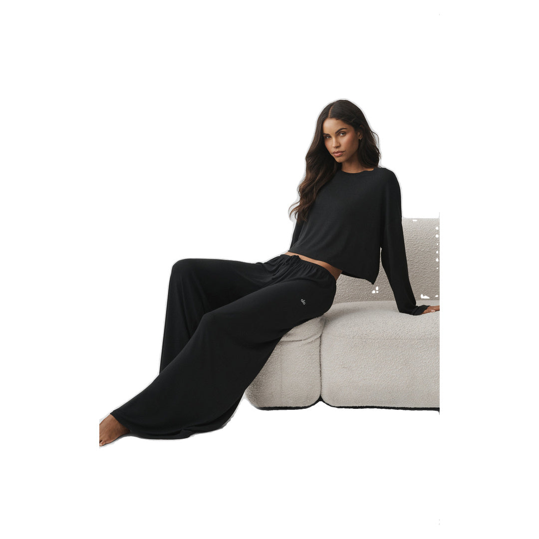 ALO Semi Sheer High-Waist Oasis Wide Leg Pant (Long) - Black