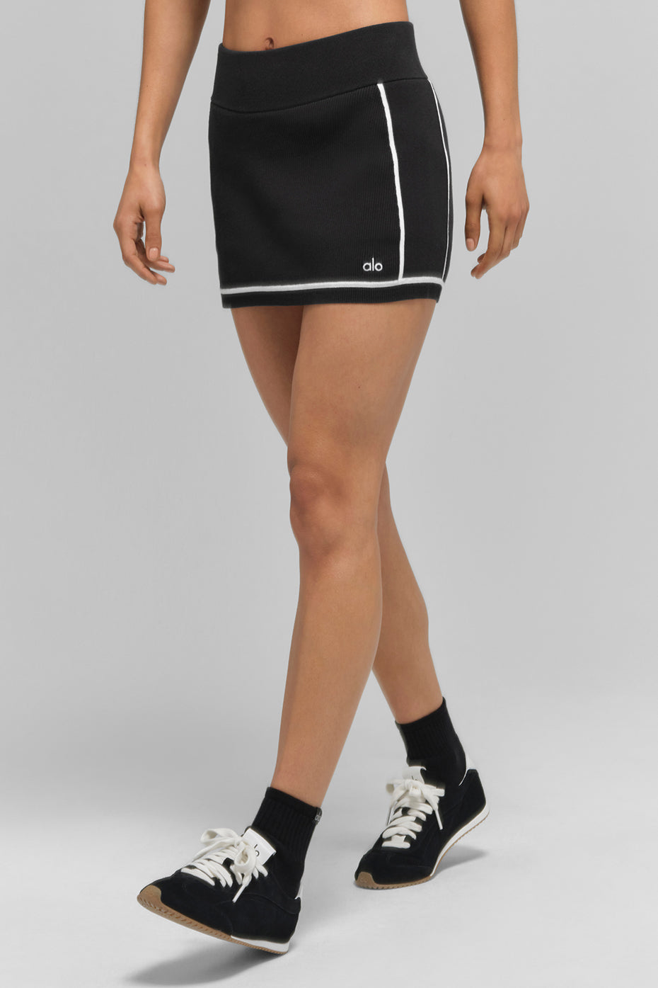 alo Ribbed Sweater Knit Highline Mini Skirt - Black/White