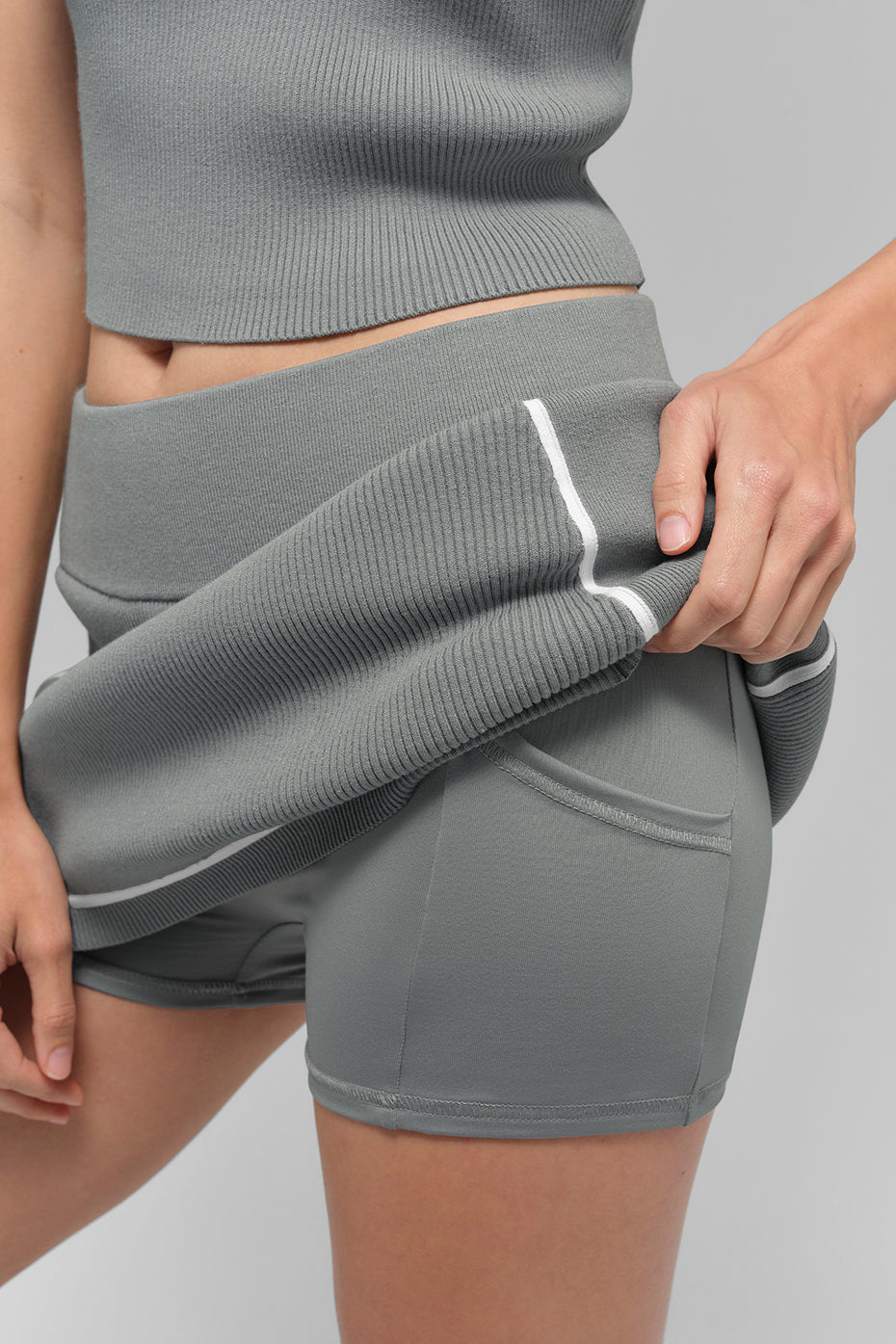 alo Ribbed Sweater Knit Highline Mini Skirt - Lunar Grey/White