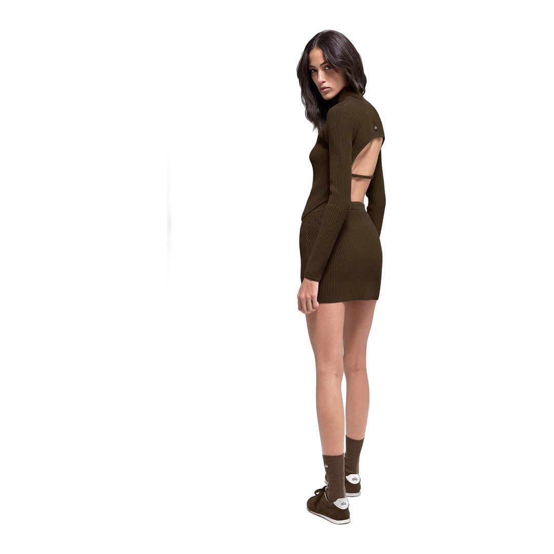 alo Denim Knit High-Waist Skirt - Espresso/Black