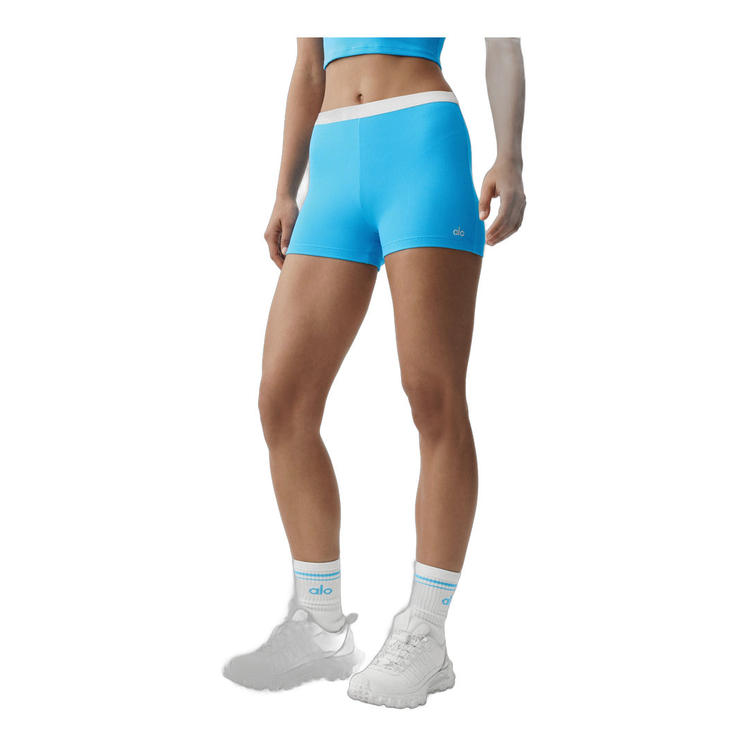 alo Goddess Ribbed High-Waist First Pick Short - Azure Blue/White